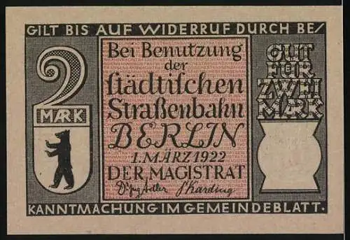 Notgeld Berlin 1922, 2 Mark, Verkehr am Hallischen Tor und Gültigkeit städtische Strassenbahn