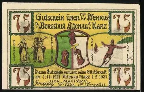 Notgeld Altenau, 1921, 75 Pfennig, Harzkühe auf Bergesau und Bergmannsfiguren