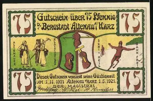 Notgeld Altenau 1921, 75 Pfennig, Nabenhaler Wasserfall und Bergstadt-Szenen