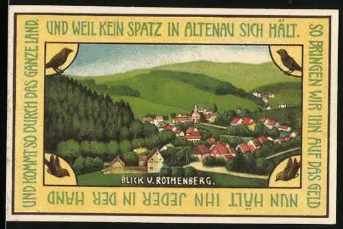 Notgeld Altenau, 1921, 75 Pfennig, Blick von Rothenberg und Stadtwappen mit Figuren