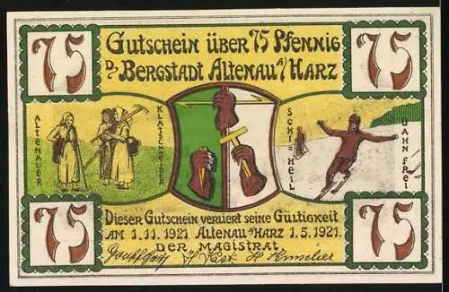 Notgeld Altenau, 1921, 75 Pfennig, Blick von Rothenberg und Stadtwappen mit Figuren