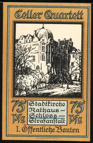 Notgeld Celle 1921, 75 Pfennig, Celler Quartett mit Stadtwappen und öffentlichen Bauten