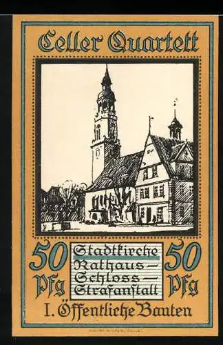 Notgeld Celle, 1921, 50 Pfennig, Stadtansicht mit Stadtkirche, Rathaus und Schloss, Gutschein der Stadt Celle