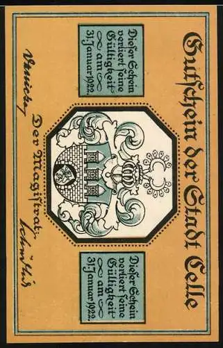 Notgeld Celle 1922, 25 Pfennig, Stadtansicht der Stadtkirche im Winter, Stadtwappen und Gültigkeit