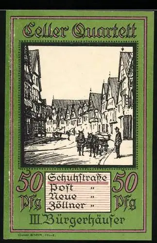 Notgeld Celle, 1922, 50 Pfennig, Schuhstrasse mit Bürgerhäusern, Rückseite Wappen der Stadt Celle