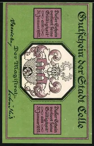 Notgeld Celle, 1922, 25 Pfennig, Darstellung von Bürgerhäusern in der Schuhstrasse, Holt und Neue Zöllner, Gültig bi