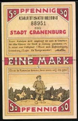 Notgeld Cranenburg 1921, 2x50 Pfennig, Stadtansicht und Arbeiter auf dem Feld