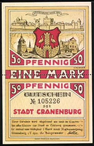 Notgeld Cranenburg, 1921, 2x50 Pfennig, Gutschein der Stadt Cranenburg mit Stadtansicht und Zeichnung einer Person