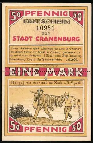 Notgeld Cranenburg, 1921, 2x50 Pfennig, Serie mit landwirtschaftlichem Motiv und Stadtansicht