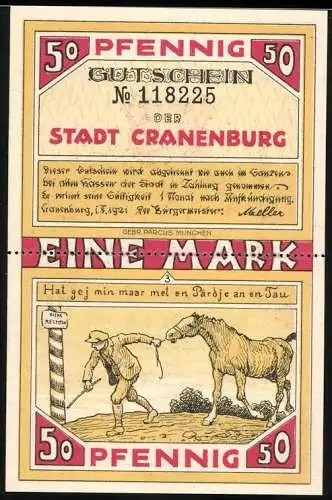 Notgeld Cranenburg, 1921, 2x50 Pfennig, Gutschein mit Stadtwappen und Bauernmotiv