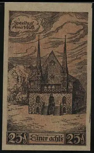 Notgeld Wernigerode 1921, 25 Pfennig, Speelhus Anno 1408 Gebäudeabbildung