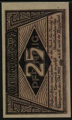 Notgeld Wernigerode 1921, 25 Pfennig, Speelhus Anno 1408 Gebäudeabbildung