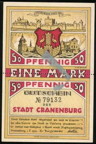 Notgeld Cranenburg, 1921, 2x50 Pfennig, Stadtansichten und Bauer mit Schaufel