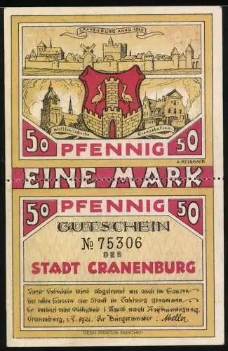 Notgeld Cranenburg, 1921, 2x50 Pfennig, Gutschein der Stadt Cranenburg mit Abbildungen von Stadtansichten