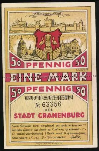 Notgeld Cranenburg, 1921, 2x50 Pfennig, Gutschein der Stadt Cranenburg mit historischen Stadtansichten