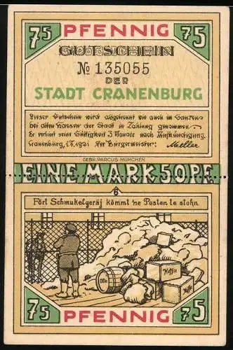 Notgeld Cranenburg, 1921, 2x75 Pfennig, Gutschein der Stadt Cranenburg mit historischen Szenen und Texten