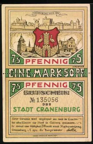 Notgeld Cranenburg, 1921, 2x75 Pfennig, Gutschein der Stadt Cranenburg mit historischen Szenen und Texten