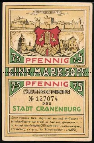 Notgeld Cranenburg 1921, 2x75 Pfennig, Stadtansicht und lokale Szenen