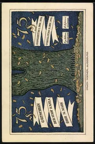 Notgeld Kahla 1921, 75 Pfennig, Mann mit Besen fegt Sprüche und Baum mit Papierstücken