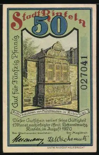 Notgeld Rinteln, 1920, 50 Pfennig, Festung Rinteln a. d. Weser und Archivhäuschen von Münchhausen