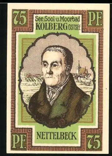 Notgeld Kolberg 1921, 75 Pf, See-Sool-u-Moorbad Nettelbeck Portrait