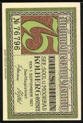 Notgeld Kolberg 1921, 75 Pf, See-Sool-u-Moorbad Nettelbeck Portrait