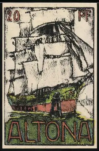 Notgeld Altona 1921, 20 Pf, Segelschiff und drei Kirchtürme