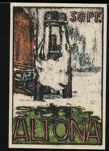 Notgeld Altona, 1921, 30 Pf, Vorderseite mit Leuchtturm und Rückseite mit roten Türmen