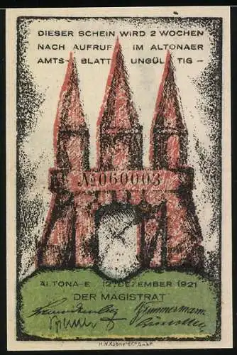 Notgeld Altona, 1921, 80 Pfennig, Kirche und Gebäude mit Turm auf Vorderseite, Befestigungsanlage auf Rückseite