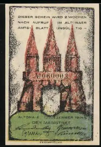 Notgeld Altona 1921, 60 Pf, dreitürmiges Bauwerk und Schiffe im Hafen