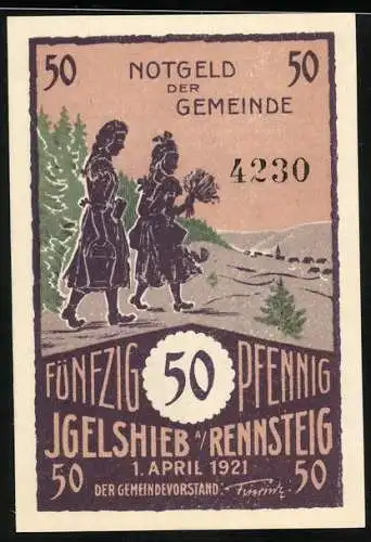 Notgeld Igelshieb am Rennsteig, 1921, 50 Pfennig, Wandernde Frauen, Landschaft mit Kutsche