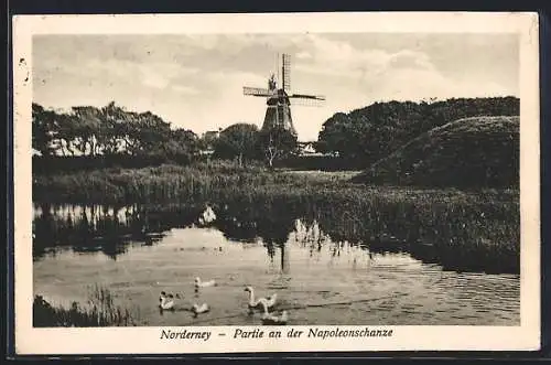 AK Norderney, Partie an der Napoleonschanze mit Windmühle