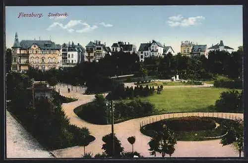 AK Flensburg, Stadtpark aus der Vogelschau