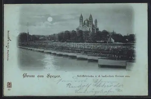 Mondschein-AK Speyer, Schiffsbrücke v. d. badischen Grenze aus