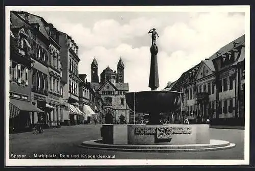 AK Speyer, Marktplatz mit Dom und Kriegerdenkmal, Geschäfte