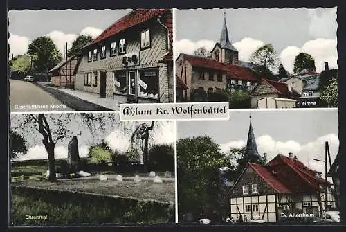 AK Ahlum /Wolfenbüttel, Geschäftshaus Knoche, Kirche, Ev. Altersheim, Ehrenmal