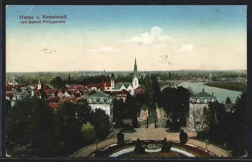 AK Hanau, Ansicht mit Kesselstadt vom Schloss Philippsruhe