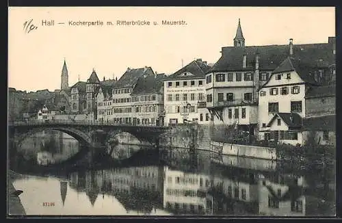 AK Hall, Kocherpartie mit Ritterbrücke und Mauerstrasse