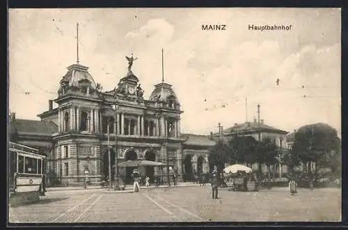 AK Mainz, Strassenbahn vor dem Hauptbahnhof
