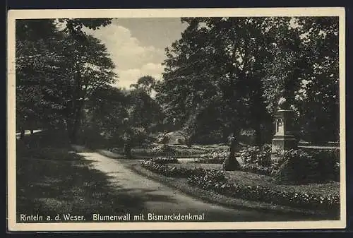 AK Rinteln a. d. Weser, Blumenwall mit Bismarckdenkmal