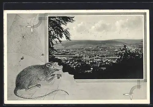 AK Hameln, Gesamtansicht aus der Ferne, Passepartout mit Ratte, die die Ansicht frisst