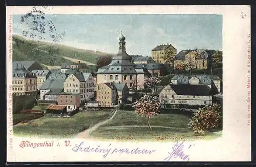 AK Klingenthal i. V., Ortspartie mit Kirche