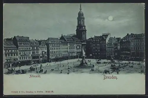 Mondschein-AK Dresden, Altmarkt mit Geschäften und Denkmal