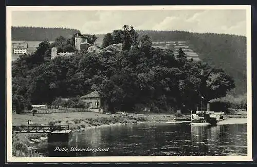 AK Polle /Weserbergland, Uferpartie mit Burgruine