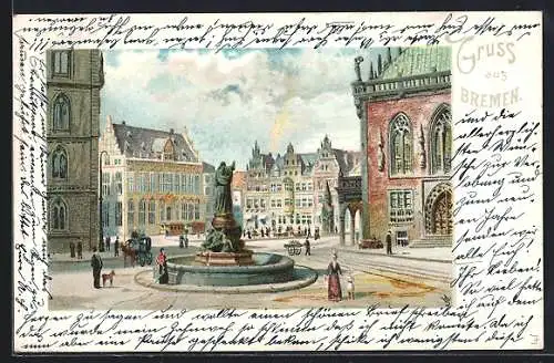 Lithographie Bremen, Strassenpartie mit Brunnen