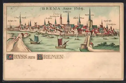 Lithographie Bremen, Ortsansicht Brema Anno 1564