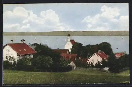 AK Schondorf /Ammersee, Ortsansicht mit Blick auf See