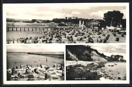 AK Grömitz, Strand mit Landungsbrücke und hohes Ufer