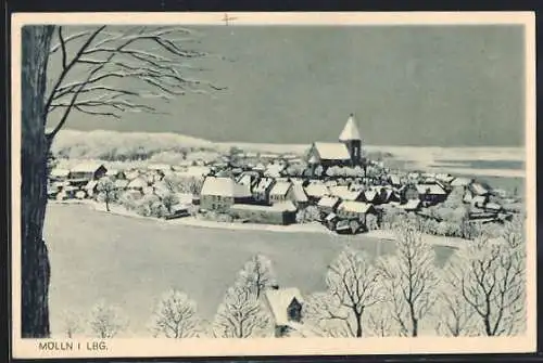 AK Mölln i. Lbg., Teilansicht mit Kirche im Schnee