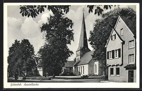 AK Gütersloh, Apostelkirche mit Strassenpartie